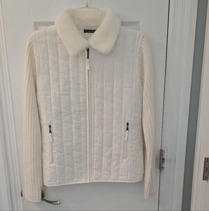 Carol Rose Ivory Sweater Jacket w/faux Fur Collar, Pockets, Size M (#20)